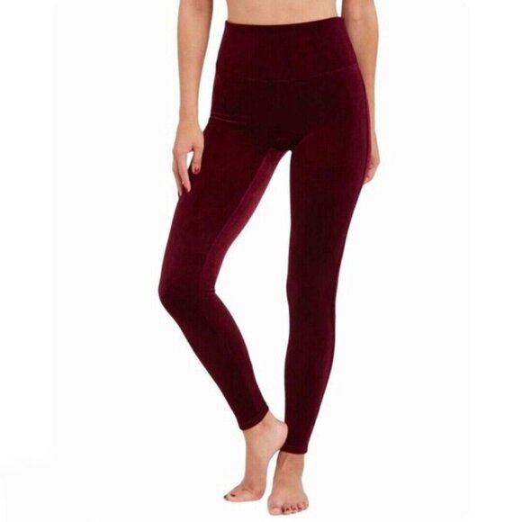 Spanx Velvet Leggings Rich Burgundy Women's Size L High Rise Shapewear Holidays - Picture 1 of 13
